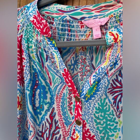 Lilly Pulitzer Blouse Silk Elsa Gold Button Lets Minnow Size Small - Picture 10 of 12
